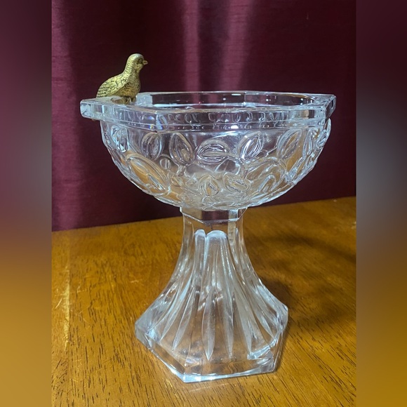 Gorham Crystal Candy Dish Garden Bird Bath with Brass Bird - Picture 2 of 3